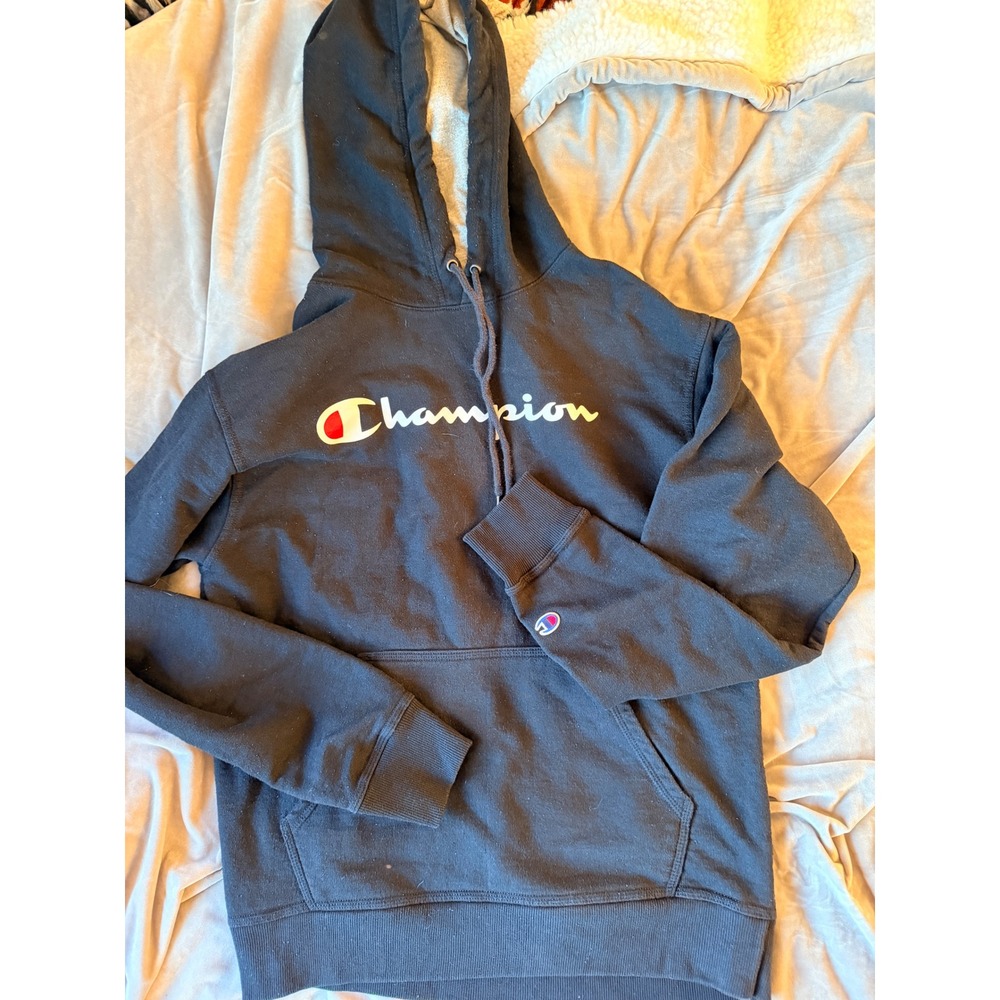 Champion Mens Black Script Logo Pullover Hoodie Sweatshirt Size M GF89H BKC